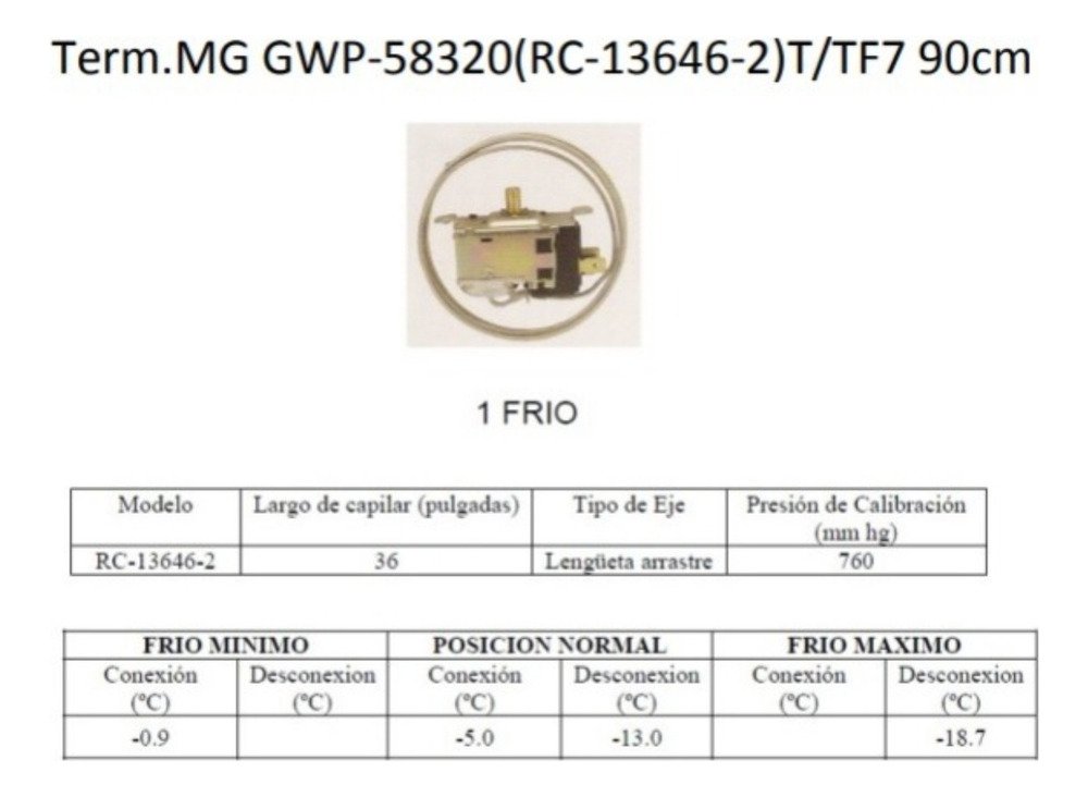 Termostato Heladera Congelador Rc13646 Tf7 90cm Ghg