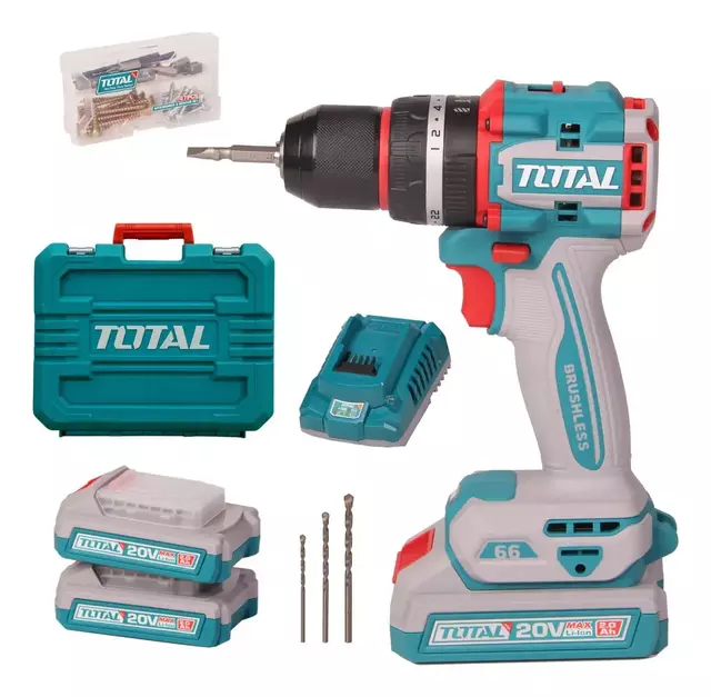 -Taladro TOTAL Percutor 20V 13mm 66nm + 2 Baterías + Maletín BRUSHLESS